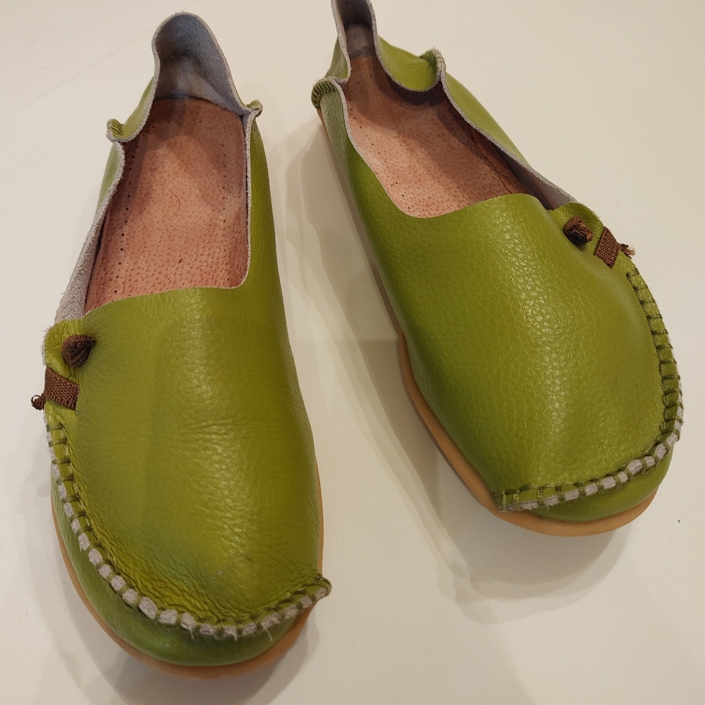 Leather Flats Mocassin Casual Loafer Round Toe Soft Green